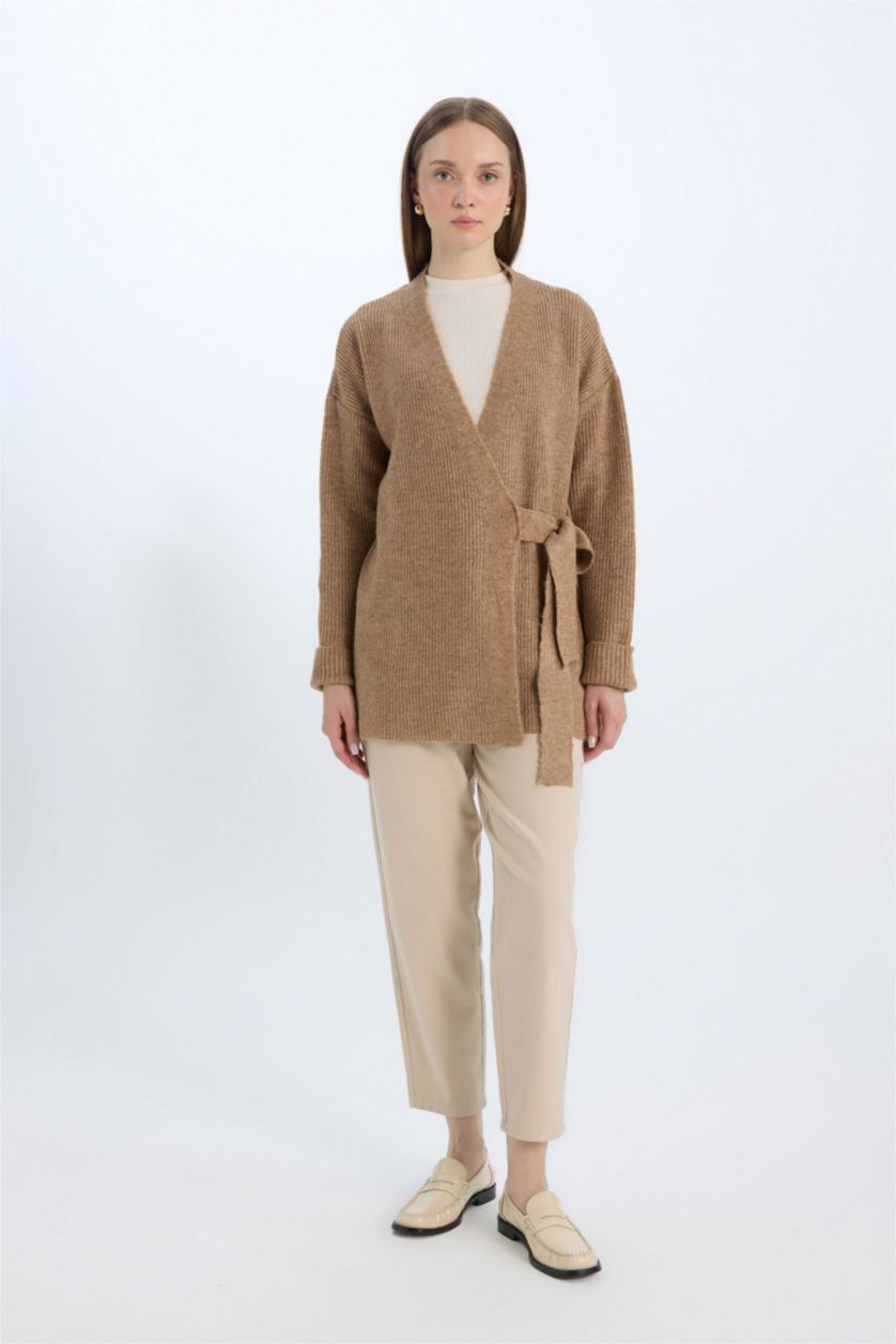 WOMAN Light Brown Relax Fit Basic Lace Detailed Knitwear Cardigan