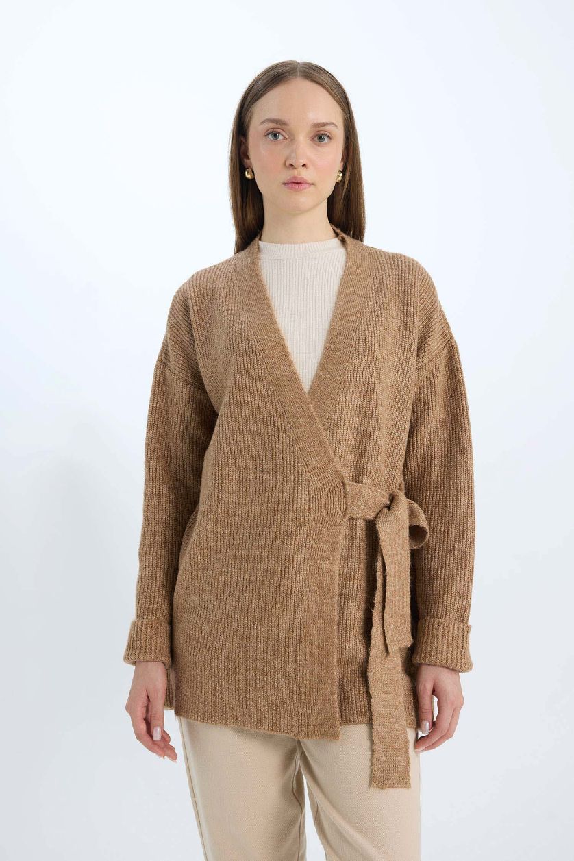 WOMAN Light Brown Relax Fit Basic Lace Detailed Knitwear Cardigan