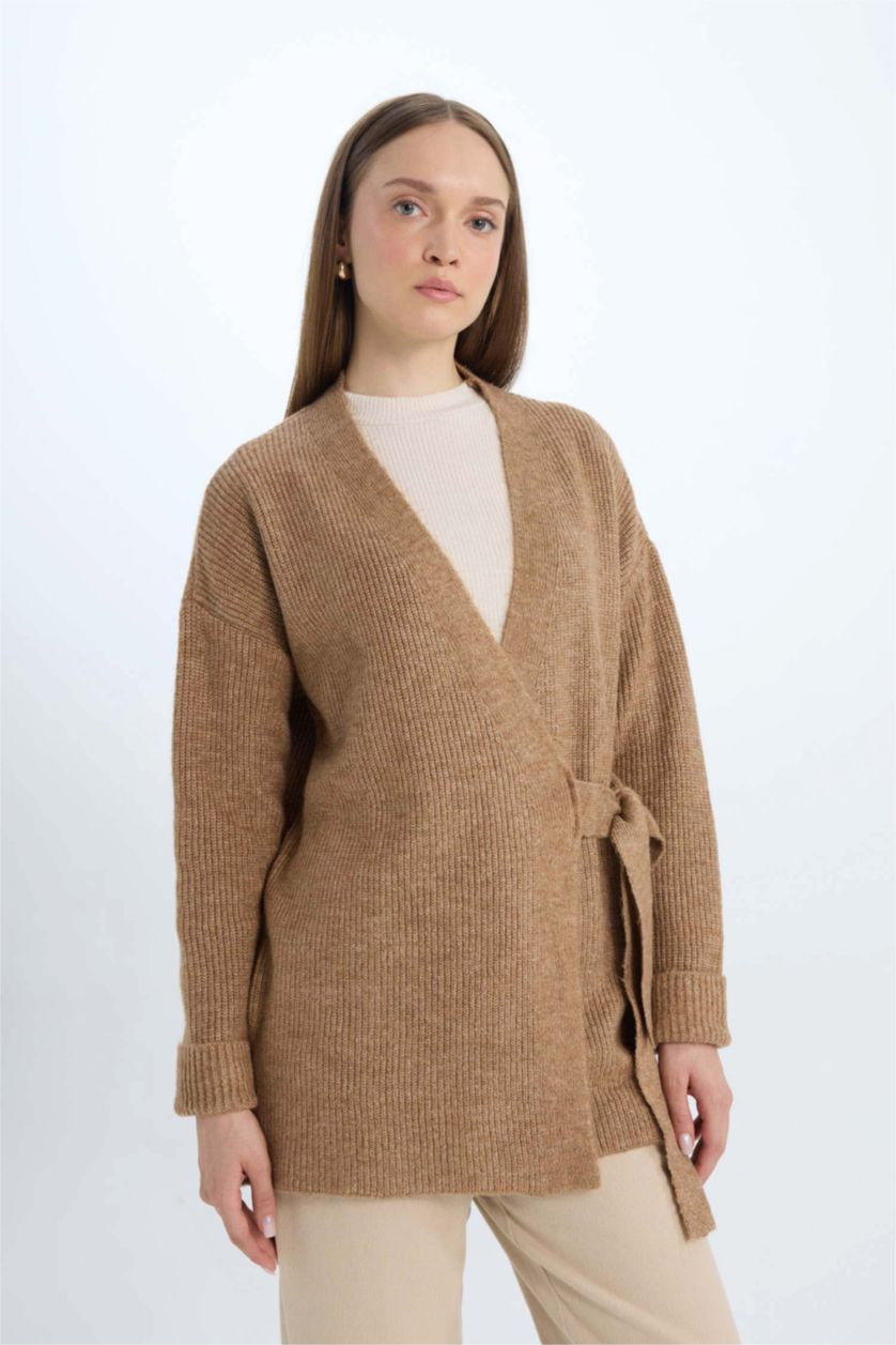 WOMAN Light Brown Relax Fit Basic Lace Detailed Knitwear Cardigan