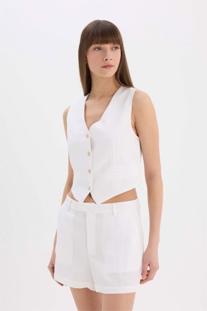 نساء بيج فاتح يلك قصة عادية بياخة V من مزيج الكتان