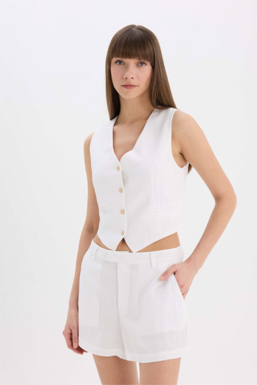 نساء بيج فاتح يلك قصة عادية بياخة V من مزيج الكتان