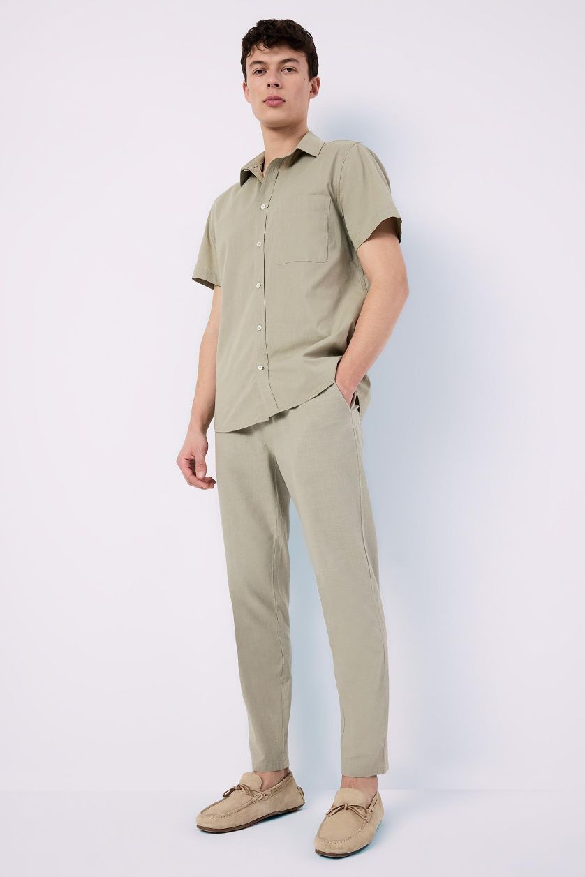 رجالي كاكي قميص قطن بولو نص كم صيفي قصة عادية