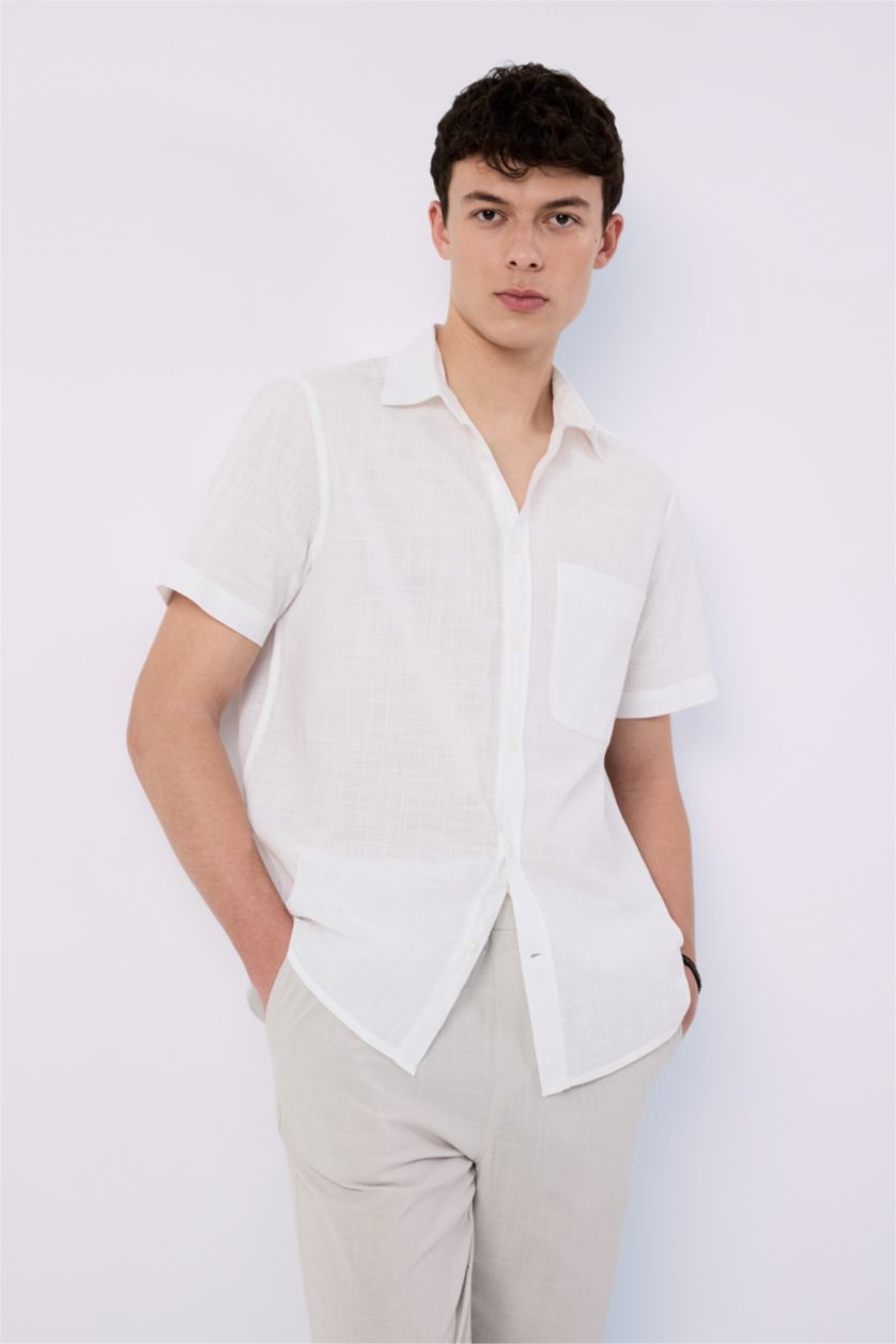 رجالي أبيض قميص قطن بولو نص كم صيفي قصة عادية