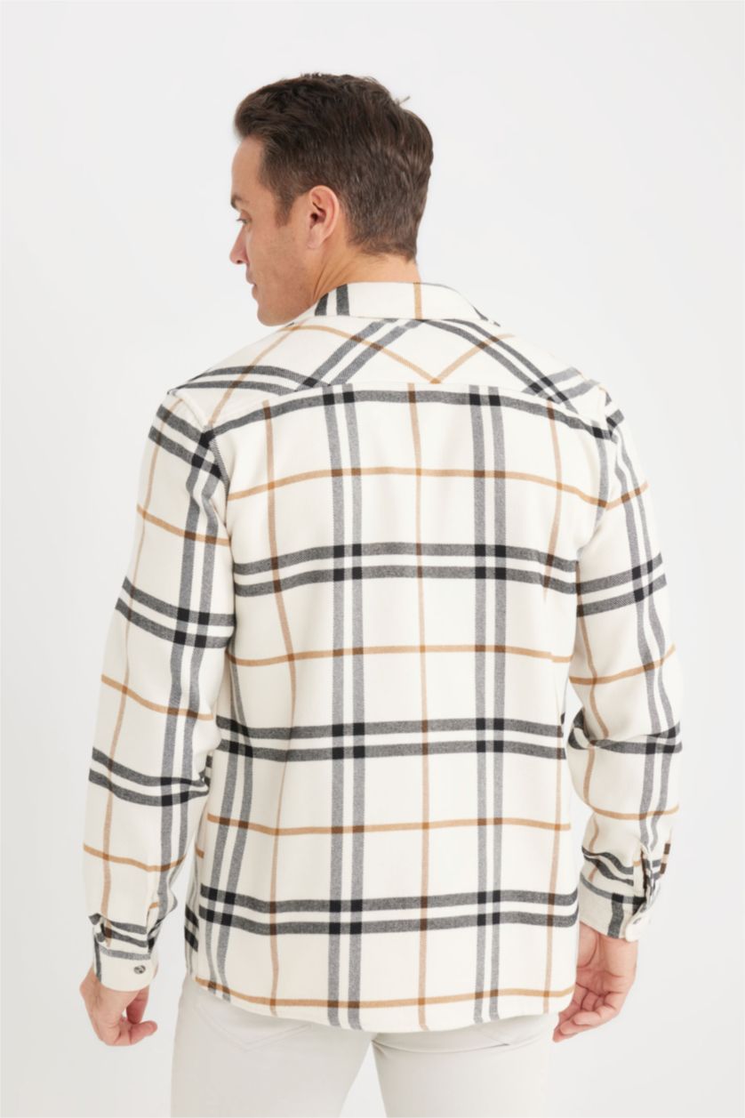 Erkek Ekru Regular Fit Polo Yaka Kareli Pamuklu Uzun Kollu Gömlek