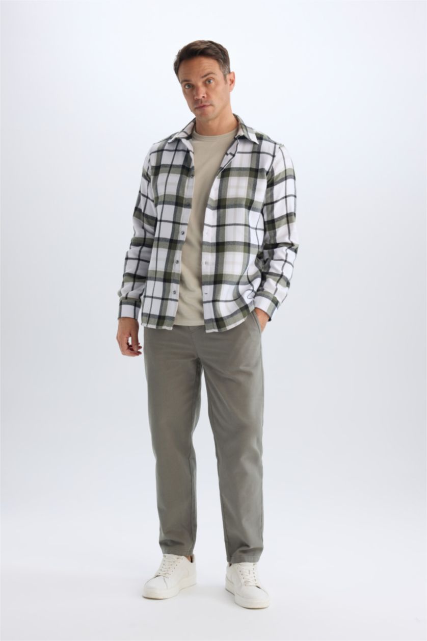 Man Khaki Regular Fit Polo Collar Checked Cotton Long Sleeve Shirt