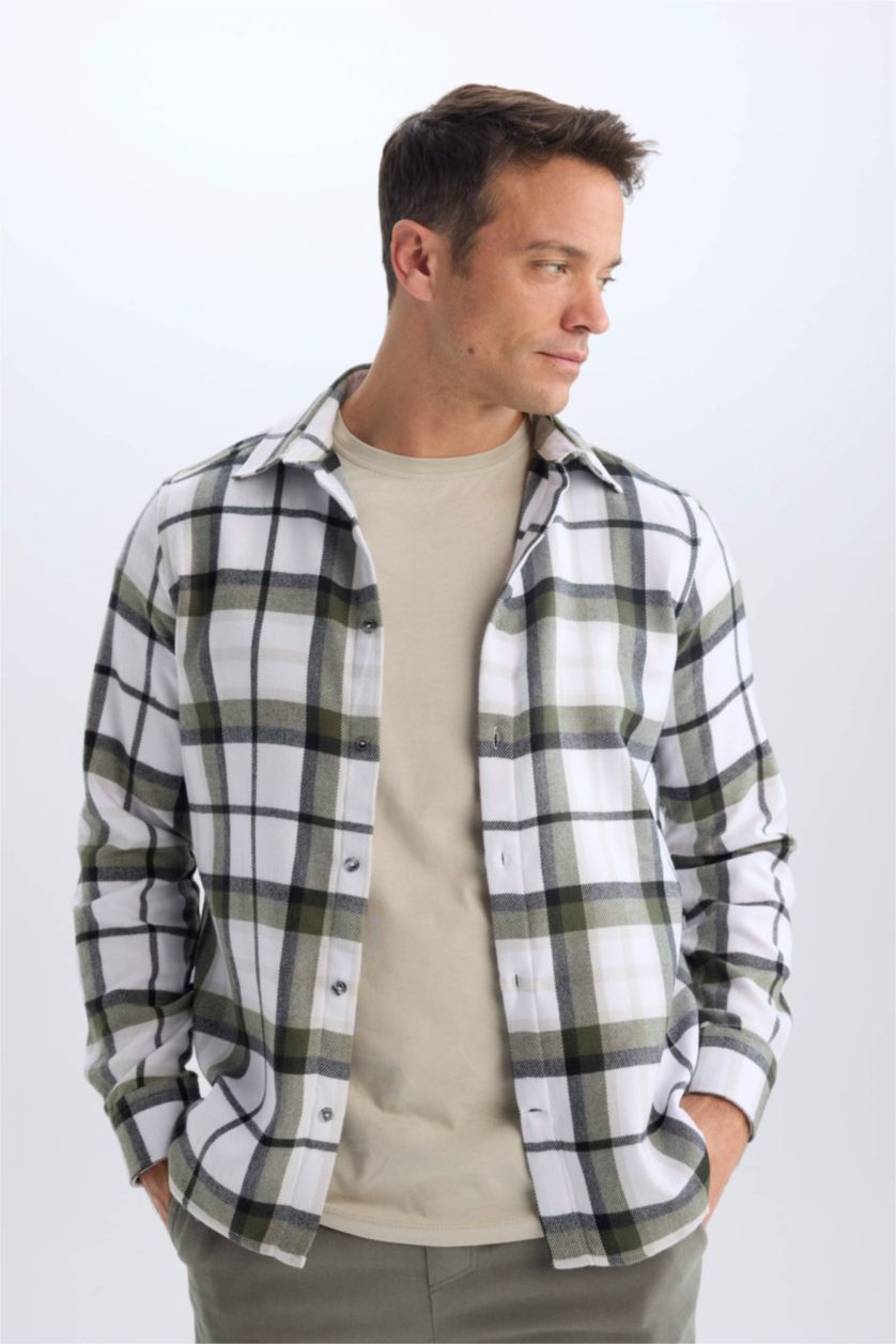Man Khaki Regular Fit Polo Collar Checked Cotton Long Sleeve Shirt