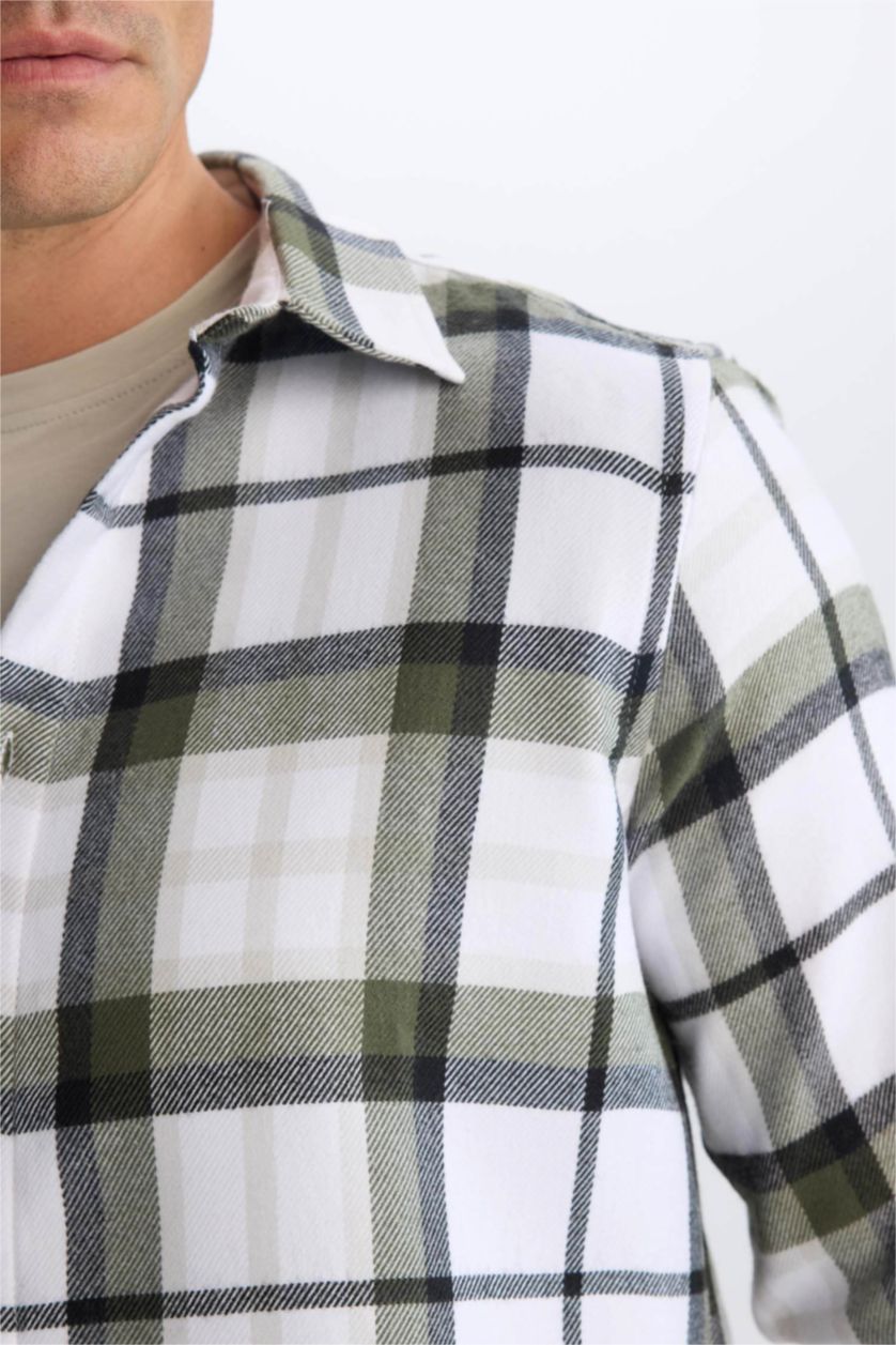 Man Khaki Regular Fit Polo Collar Checked Cotton Long Sleeve Shirt