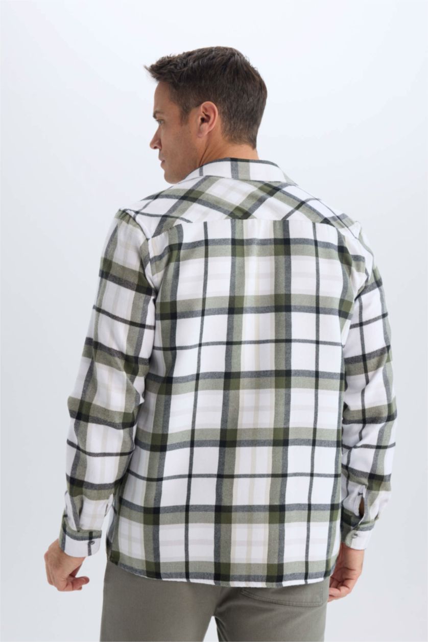 Man Khaki Regular Fit Polo Collar Checked Cotton Long Sleeve Shirt