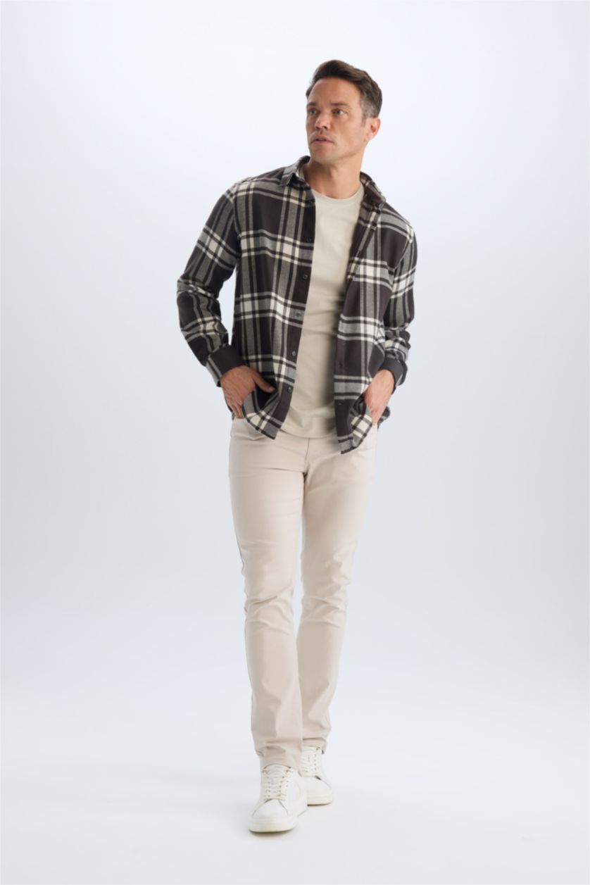 Erkek Kahve Regular Fit Polo Yaka Kareli Pamuklu Uzun Kollu Gömlek