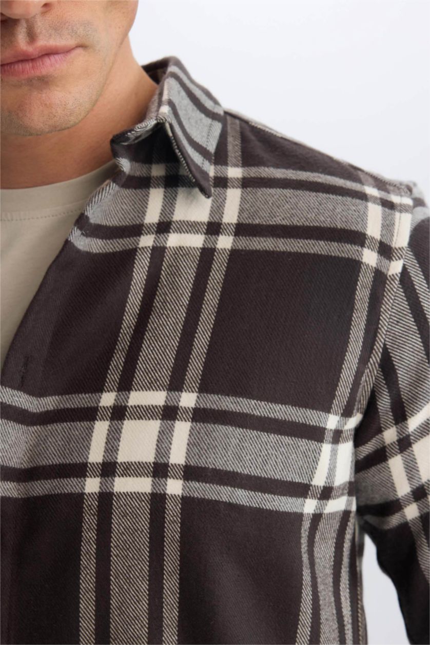 Erkek Kahve Regular Fit Polo Yaka Kareli Pamuklu Uzun Kollu Gömlek