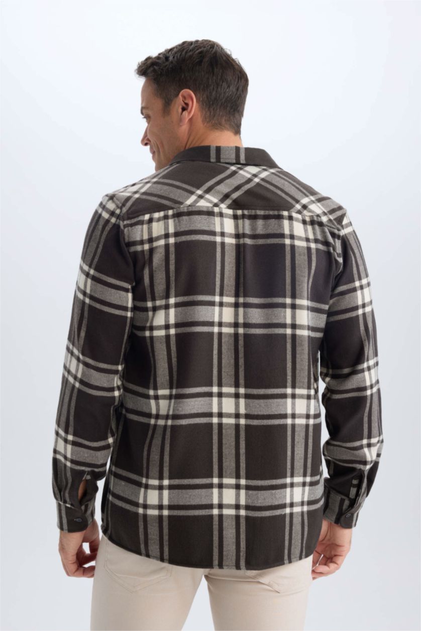 Erkek Kahve Regular Fit Polo Yaka Kareli Pamuklu Uzun Kollu Gömlek