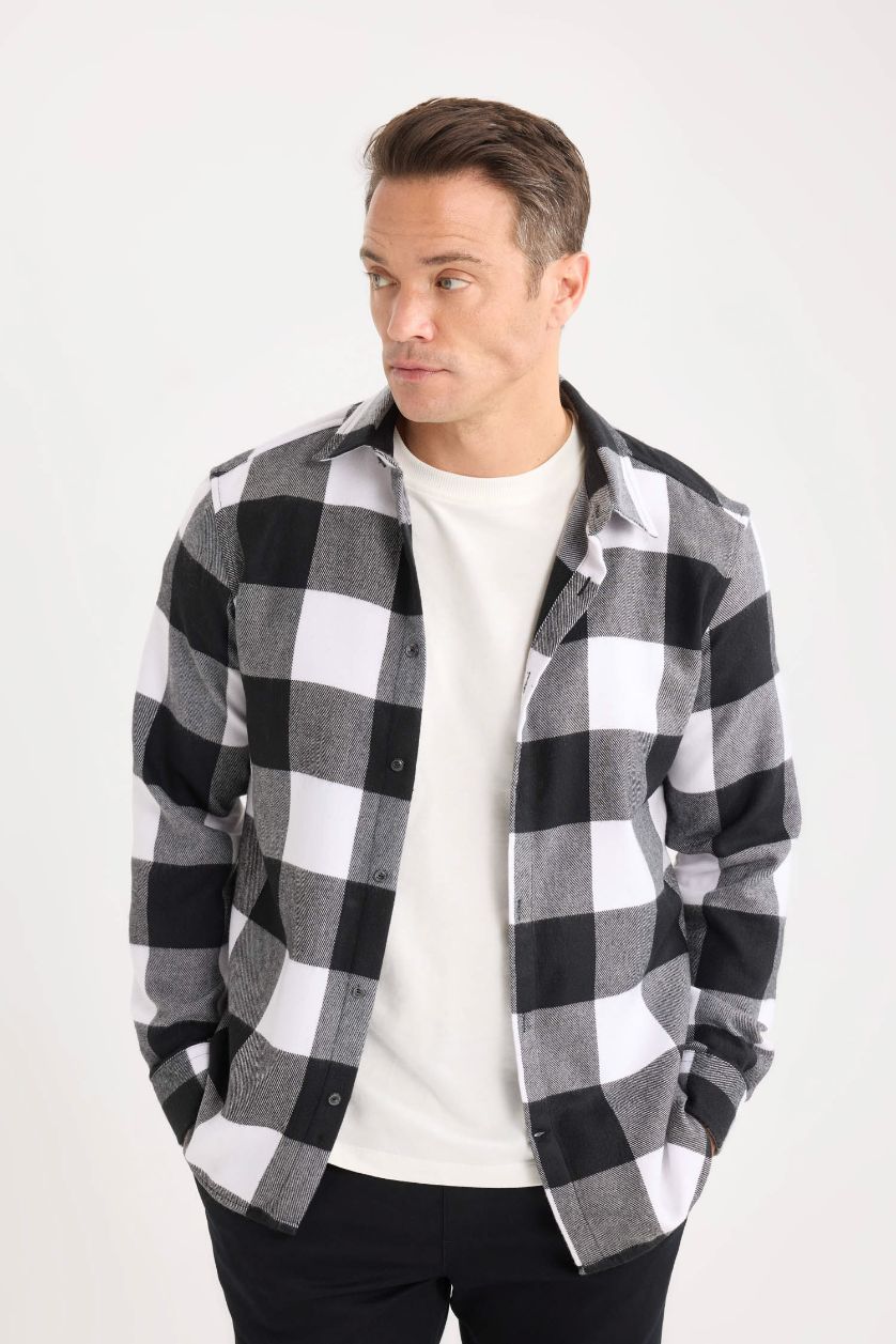 رجالي أسود قميص بولو كم طويل قطن قصة عادية