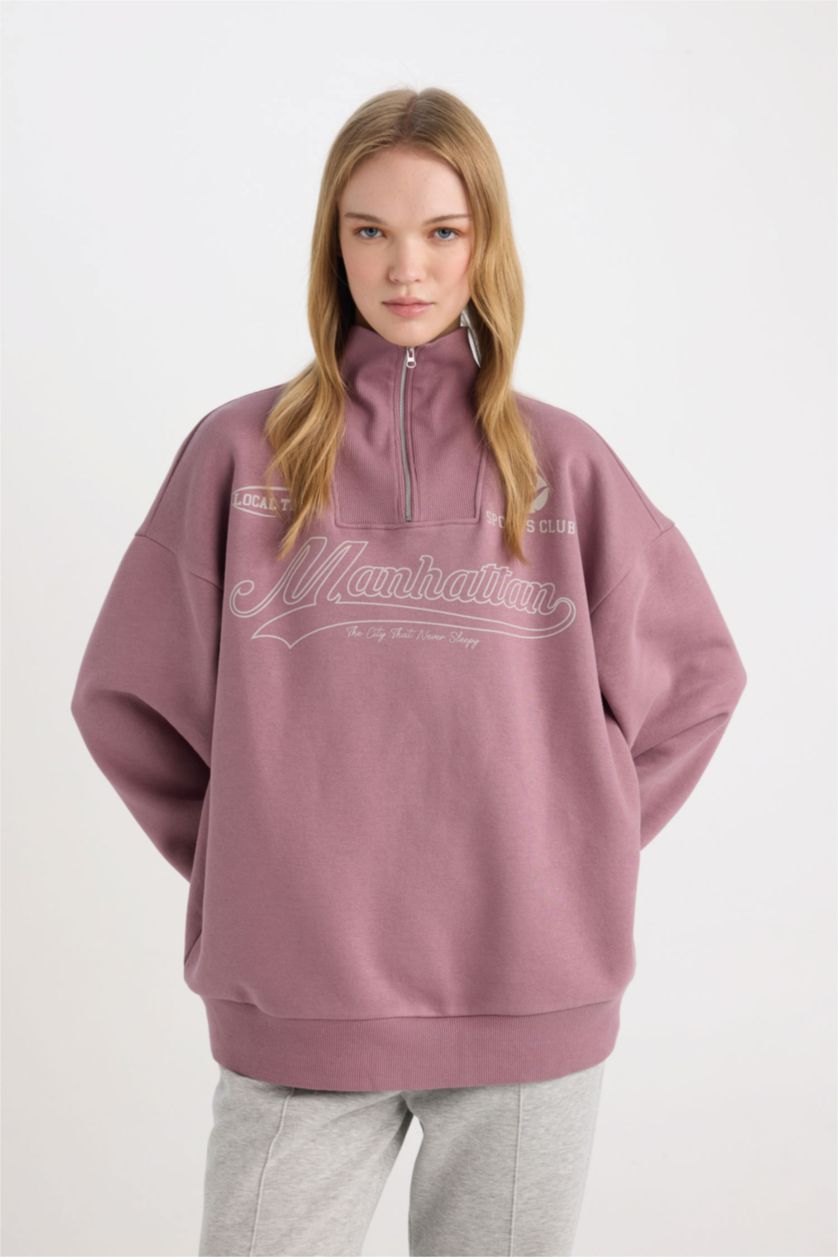 FEMME Bordeaux Sweat-shirt Oversize imprimée à demi-fermeture éclair