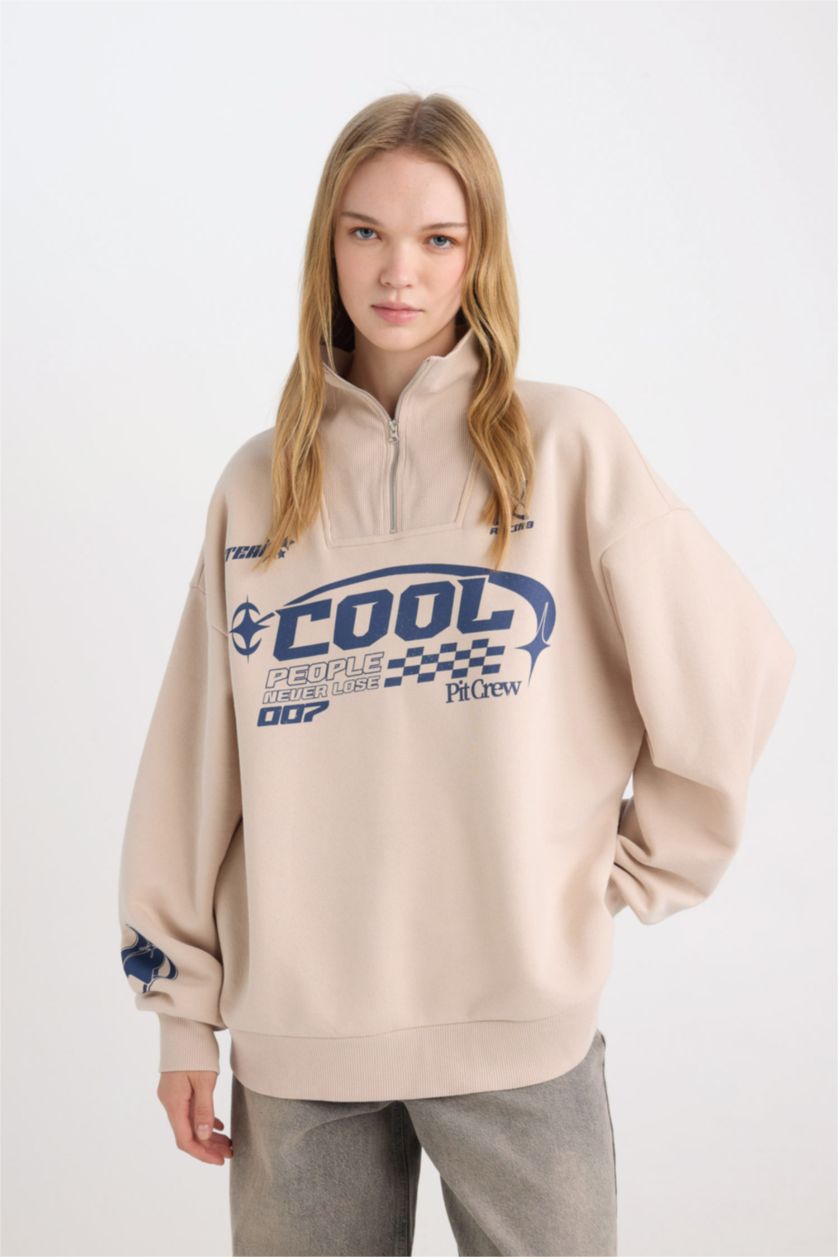 Kadın Kum Coool Oversize Geniş Kalıp Yarım Fermuarlı Baskılı Kalın Sweatshirt
