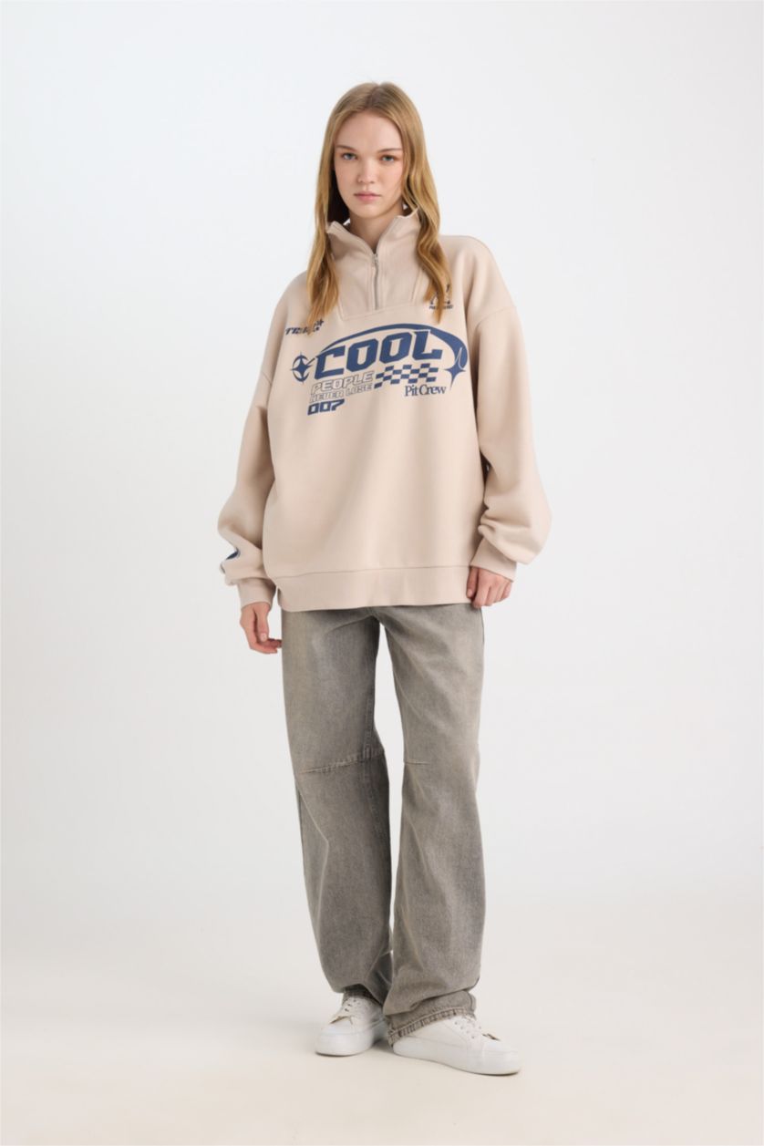 Kadın Kum Coool Oversize Geniş Kalıp Yarım Fermuarlı Baskılı Kalın Sweatshirt