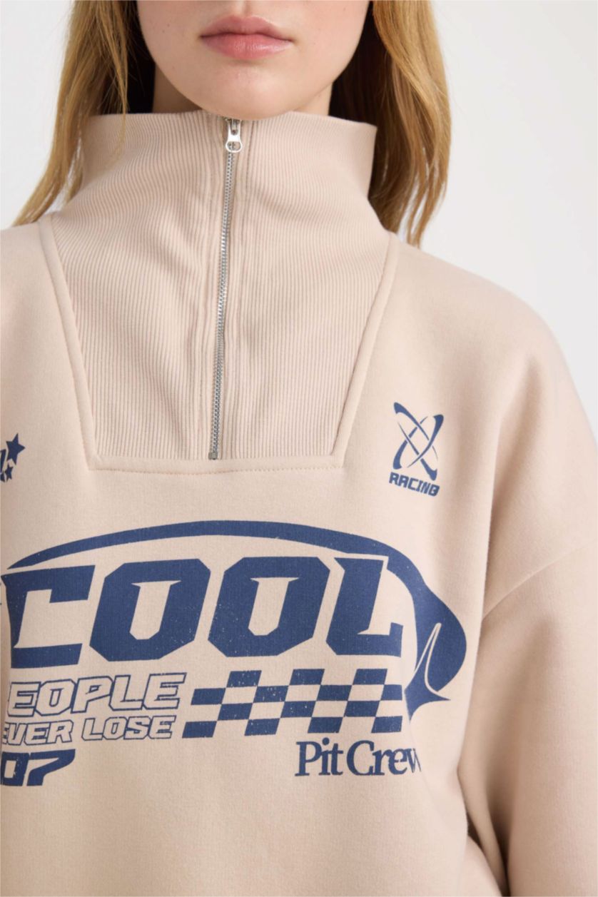 Kadın Kum Coool Oversize Geniş Kalıp Yarım Fermuarlı Baskılı Kalın Sweatshirt