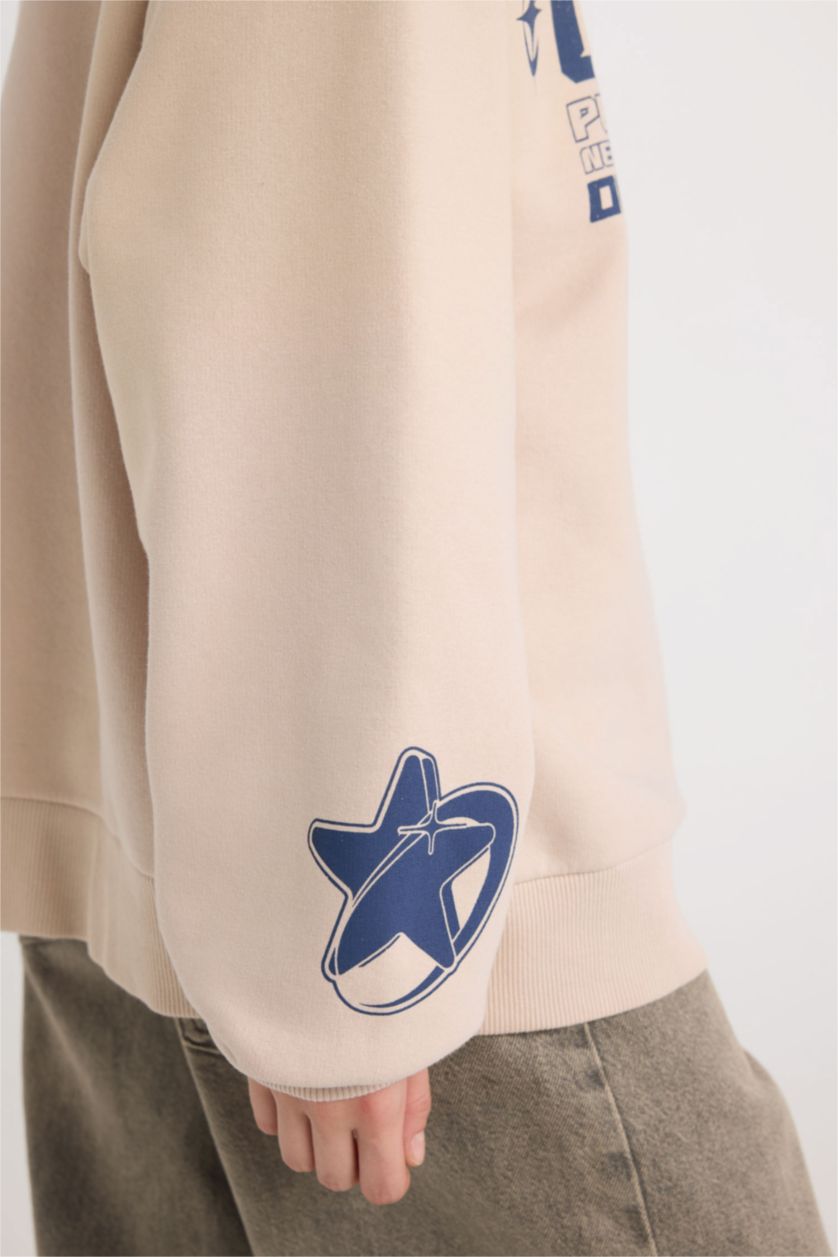 Kadın Kum Coool Oversize Geniş Kalıp Yarım Fermuarlı Baskılı Kalın Sweatshirt