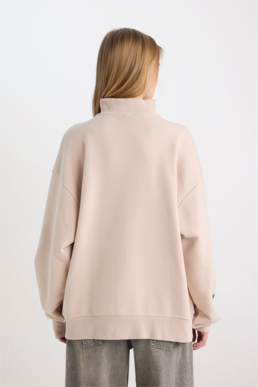 Kadın Kum Coool Oversize Geniş Kalıp Yarım Fermuarlı Baskılı Kalın Sweatshirt