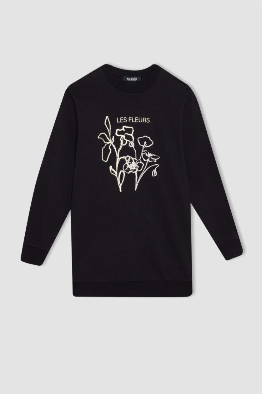Kadın Siyah Regular Fit Bisiklet Yaka Çiçek Baskılı Sweatshirt Tunik
