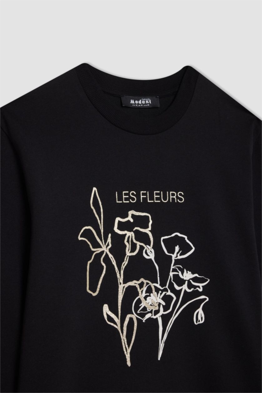 Kadın Siyah Regular Fit Bisiklet Yaka Çiçek Baskılı Sweatshirt Tunik