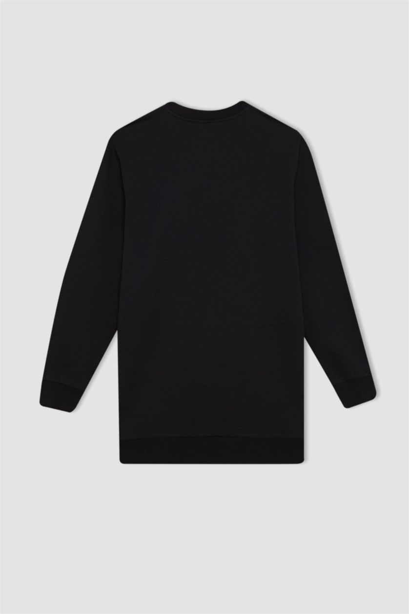 Kadın Siyah Regular Fit Bisiklet Yaka Çiçek Baskılı Sweatshirt Tunik