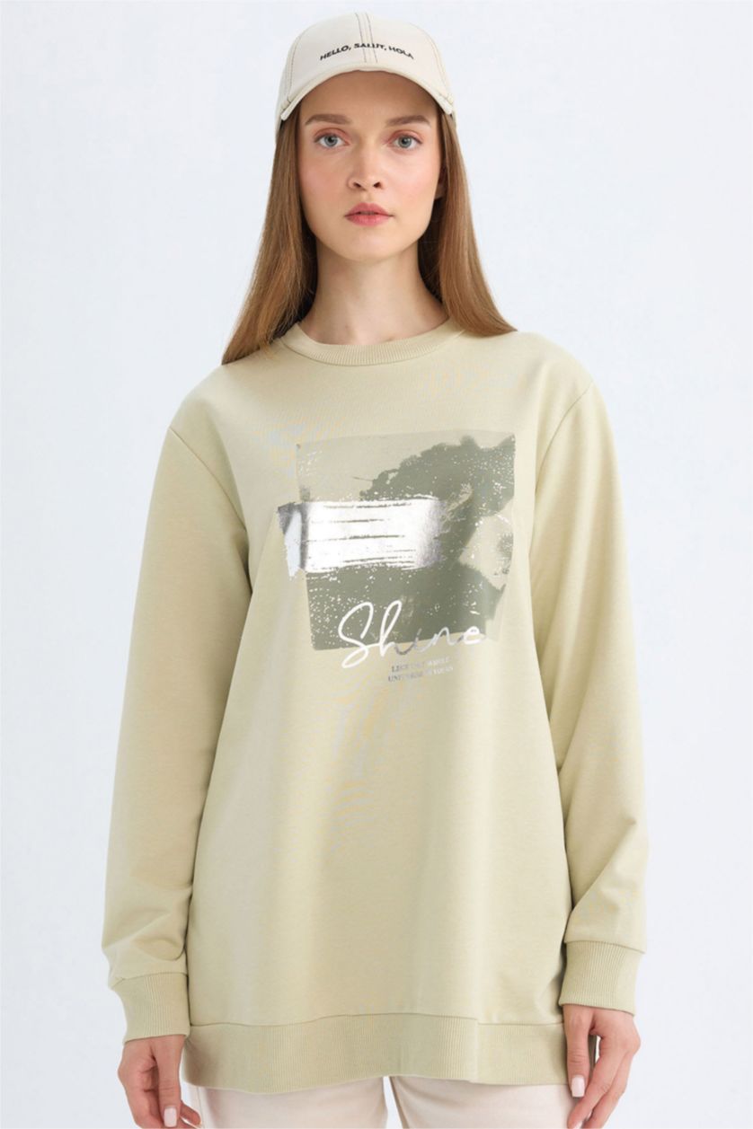 FEMME Kaki Clair Tunique Sweat-shirt imprimé à coupe régulière et Col rond