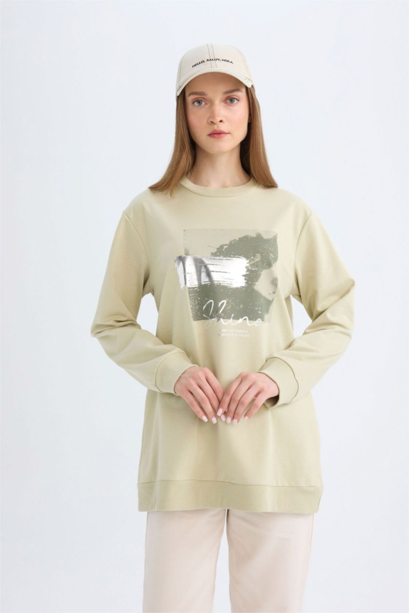 FEMME Kaki Clair Tunique Sweat-shirt imprimé à coupe régulière et Col rond