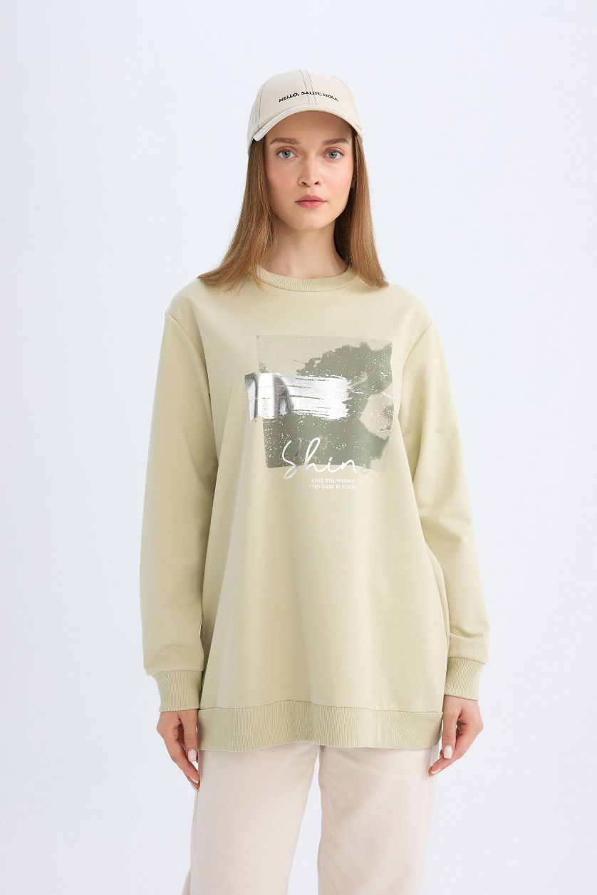FEMME Kaki Clair Tunique Sweat-shirt imprimé à coupe régulière et Col rond