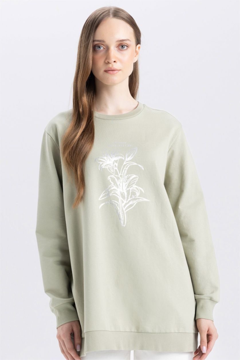 Kadın Açık Haki Regular Fit Bisiklet Yaka Çiçek Baskılı Sweatshirt Tunik