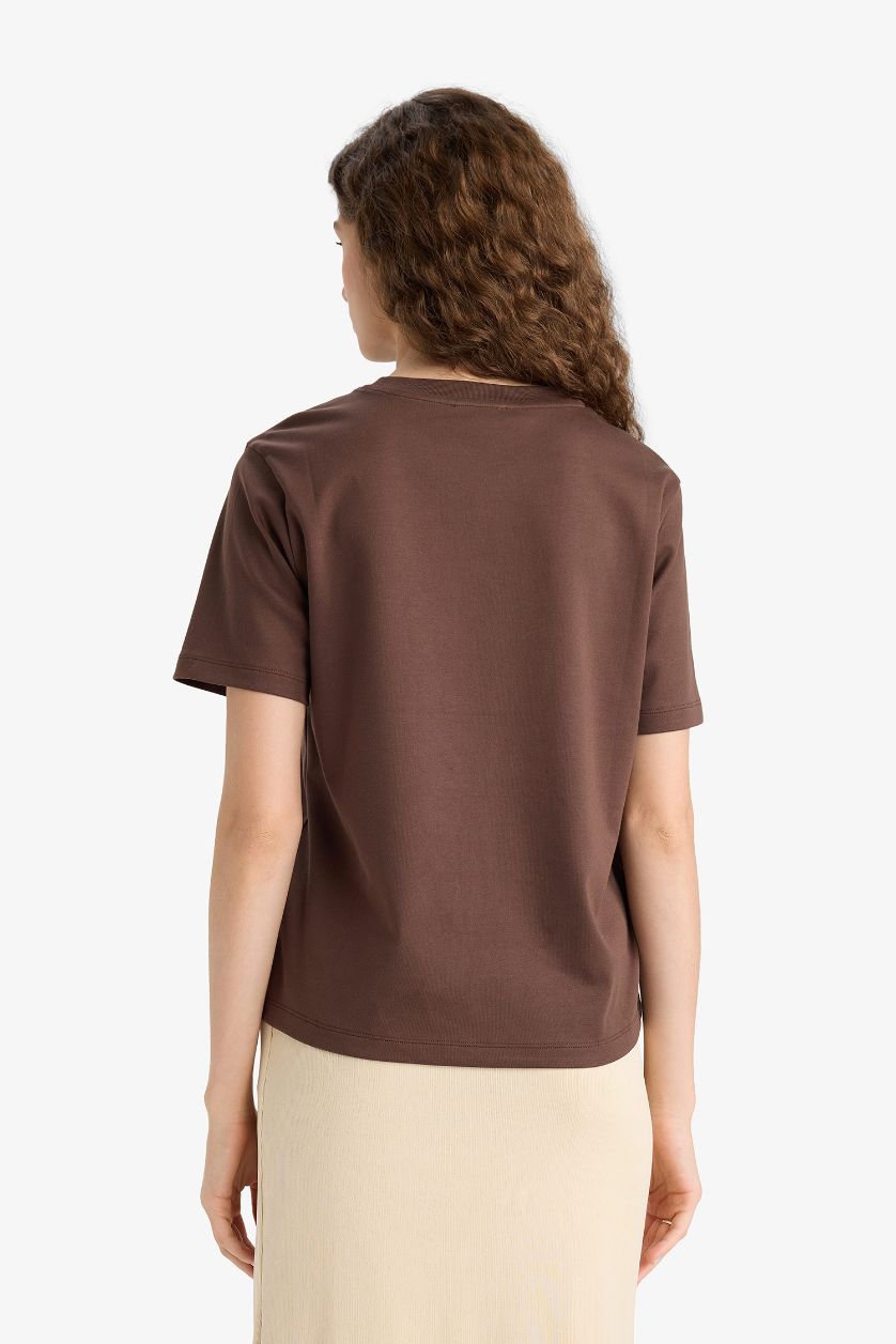 Женщины Коричневый Футболка regular fit с круглым вырезом и короткими рукавами