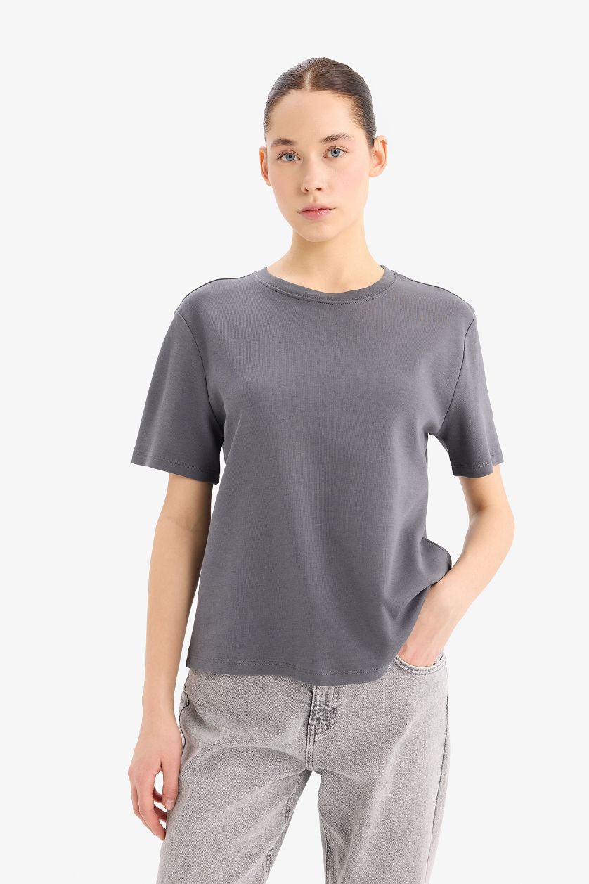 Kadın Antrasit Regular Fit Bisiklet Yaka Basic Düz Kalın Kısa Kollu Tişört