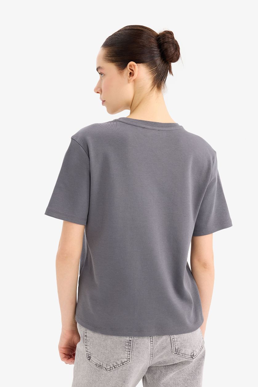 Kadın Antrasit Regular Fit Bisiklet Yaka Basic Düz Kalın Kısa Kollu Tişört