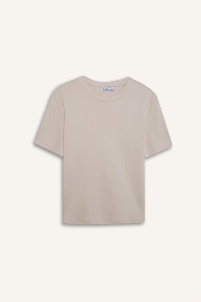 Kadın Bej Regular Fit Bisiklet Yaka Basic Düz Kalın Kısa Kollu Tişört