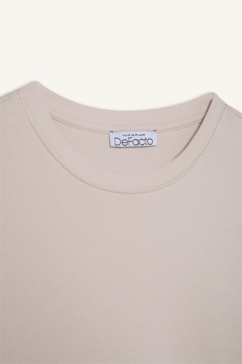 Kadın Bej Regular Fit Bisiklet Yaka Basic Düz Kalın Kısa Kollu Tişört