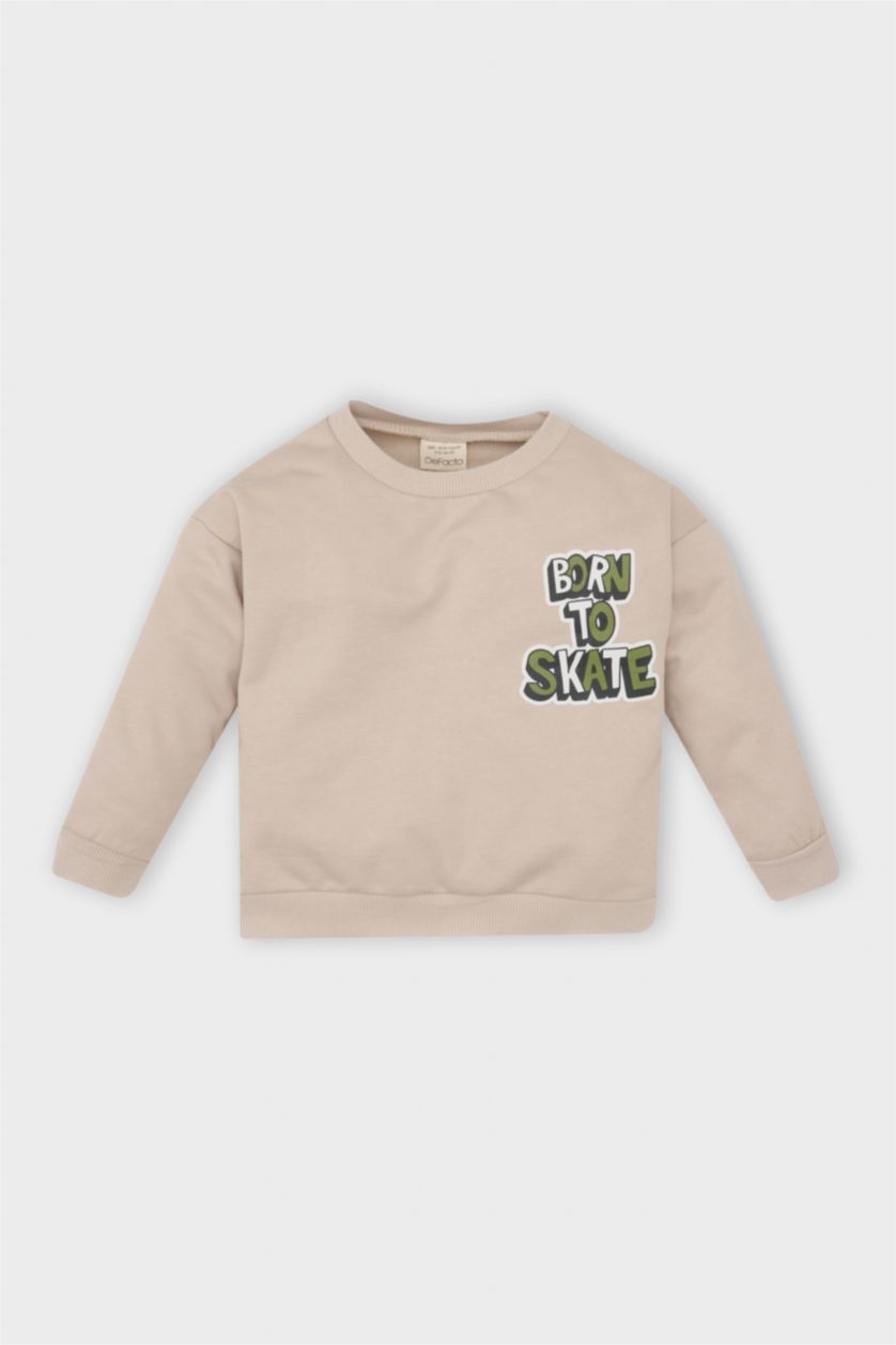 BABY BOY Beige Baby Boy Crew Neck Back Printed Soft Furry Inside Sweatshirt