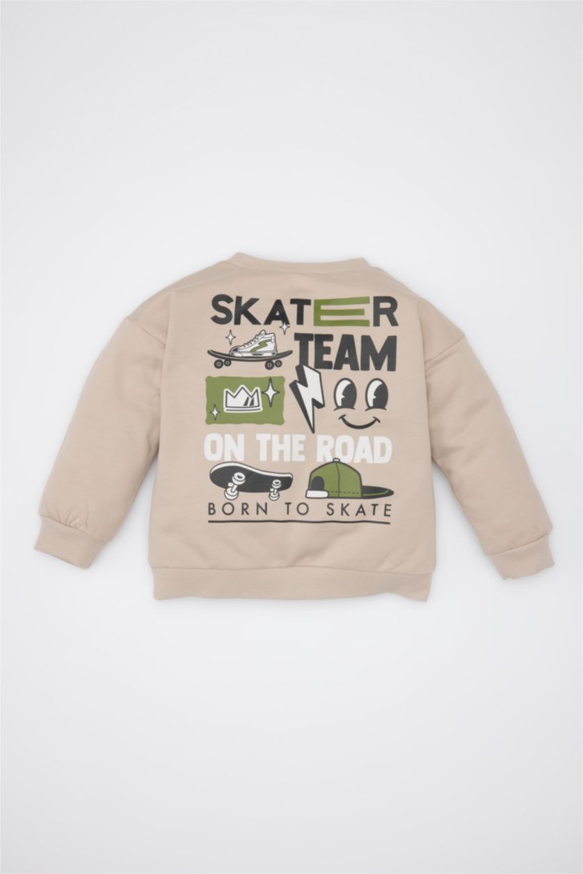 BABY BOY Beige Baby Boy Crew Neck Back Printed Soft Furry Inside Sweatshirt