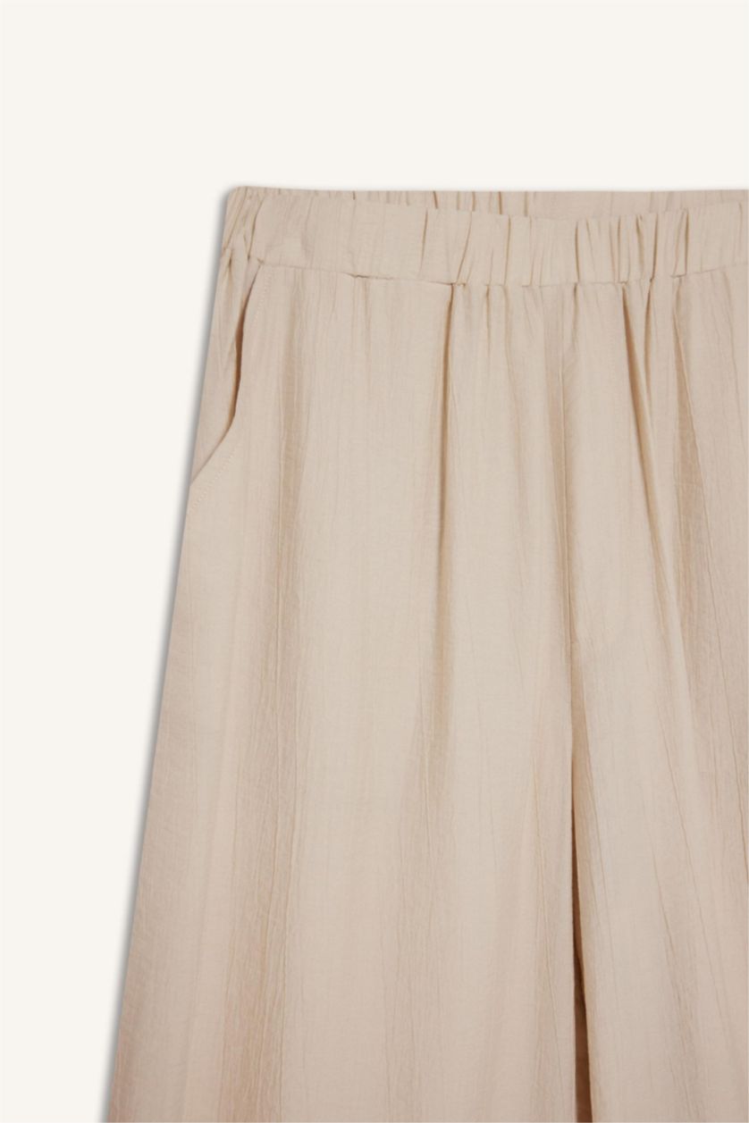 Kadın Bej Wide Leg Beli Lastikli Krinkıl Kumaş Geniş Paça Pantolon