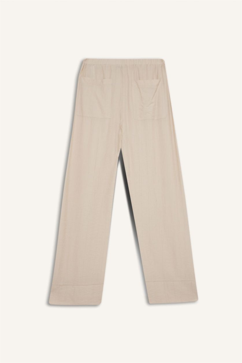 Kadın Bej Wide Leg Beli Lastikli Krinkıl Kumaş Geniş Paça Pantolon