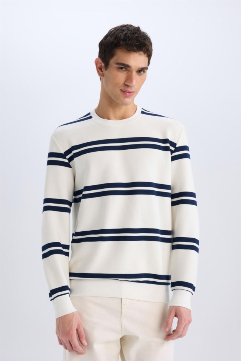 Erkek Kırık Beyaz Regular Fit Bisiklet Yaka Dokulu Sweatshirt