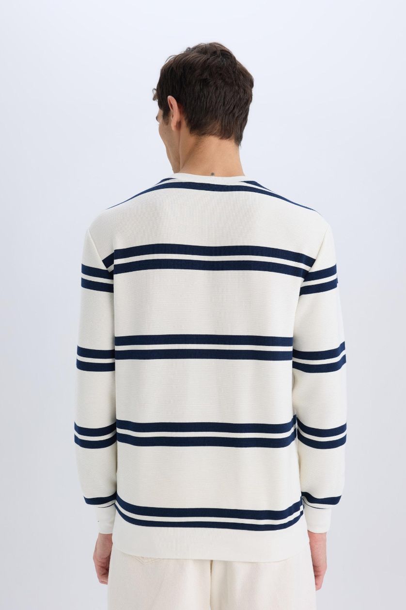 Erkek Kırık Beyaz Regular Fit Bisiklet Yaka Dokulu Sweatshirt