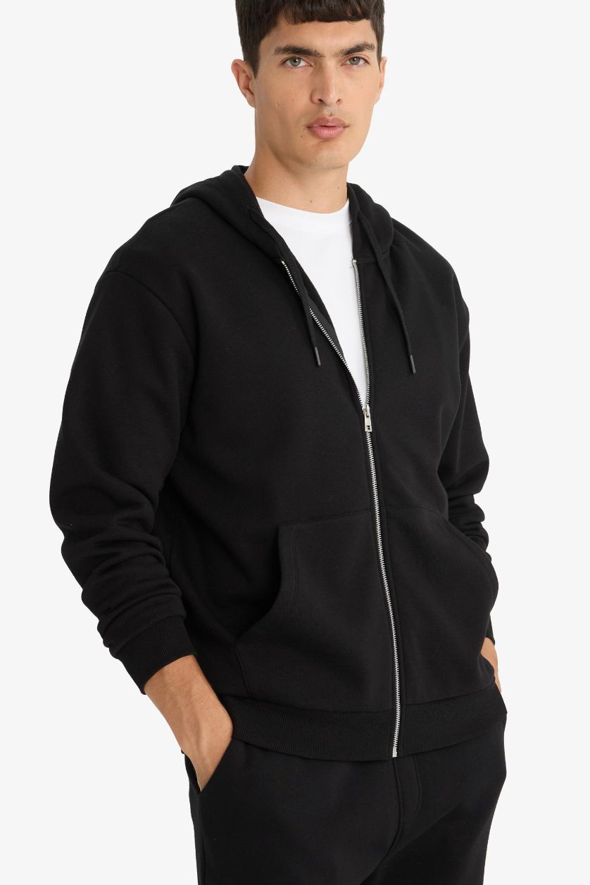 رجال أسود جاكيت رياضي تقيل ببطانة ناعمة قصة مريحة بغطاء للرأس