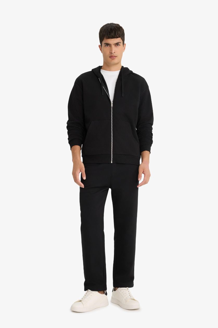 رجال أسود جاكيت رياضي تقيل ببطانة ناعمة قصة مريحة بغطاء للرأس