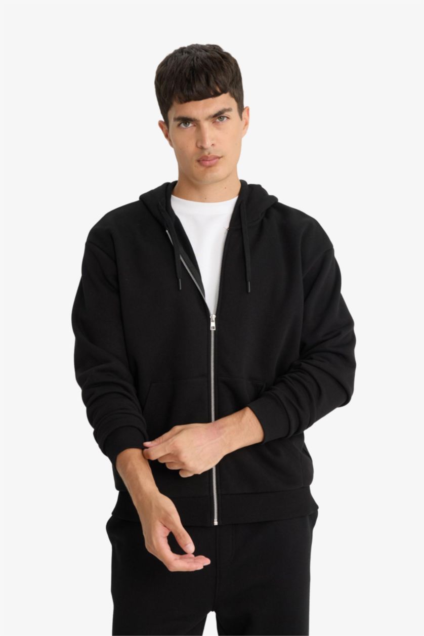 رجال أسود جاكيت رياضي تقيل ببطانة ناعمة قصة مريحة بغطاء للرأس