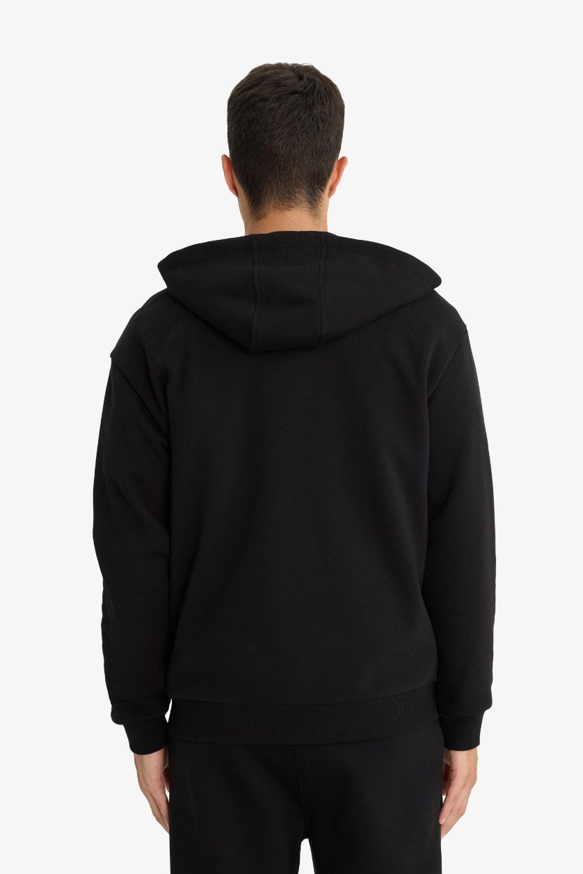 رجال أسود جاكيت رياضي تقيل ببطانة ناعمة قصة مريحة بغطاء للرأس