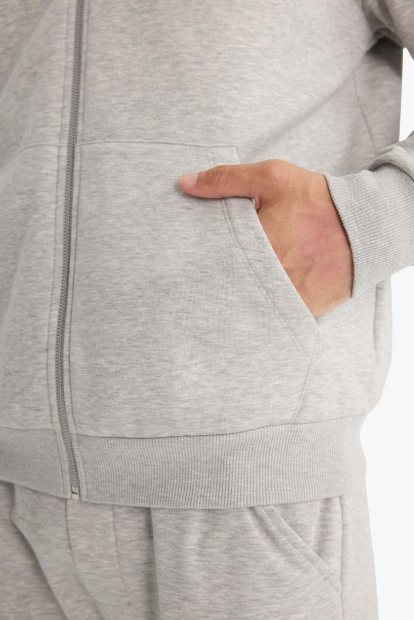 Erkek Gri Melanj Relax Fit Kapüşonlu İçi Yumuşak Tüylü Basic Düz Cepli Kalın Fermuarlı Sweatshirt