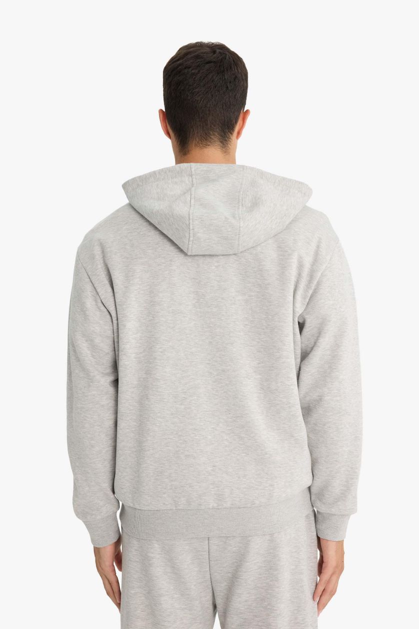 Erkek Gri Melanj Relax Fit Kapüşonlu İçi Yumuşak Tüylü Basic Düz Cepli Kalın Fermuarlı Sweatshirt