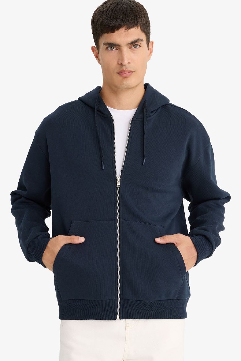 Erkek Lacivert Comfort Fit Kapüşonlu İçi Yumuşak Tüylü Basic Düz Cepli Kalın Fermuarlı Sweatshirt