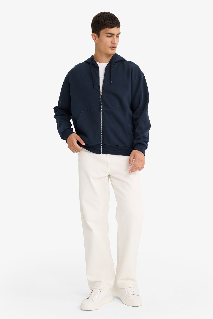 Erkek Lacivert Comfort Fit Kapüşonlu İçi Yumuşak Tüylü Basic Düz Cepli Kalın Fermuarlı Sweatshirt