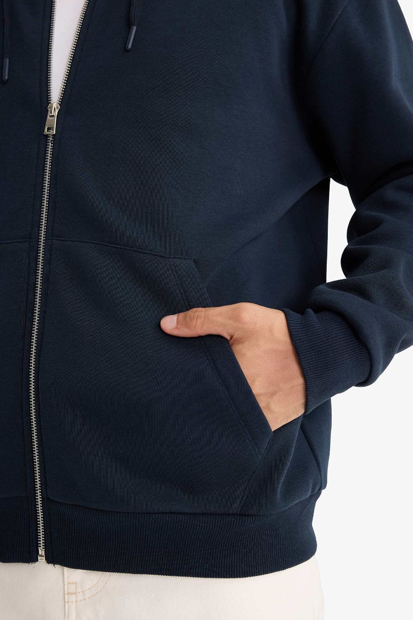 Erkek Lacivert Comfort Fit Kapüşonlu İçi Yumuşak Tüylü Basic Düz Cepli Kalın Fermuarlı Sweatshirt