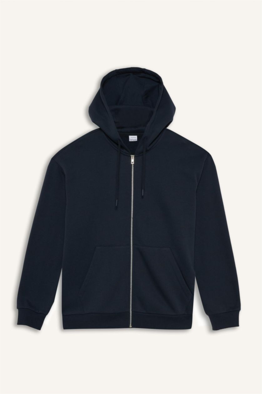 Erkek Lacivert Comfort Fit Kapüşonlu İçi Yumuşak Tüylü Basic Düz Cepli Kalın Fermuarlı Sweatshirt